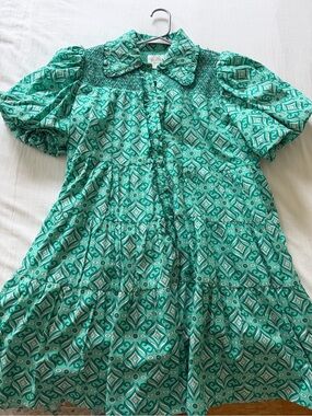 Hyacinth House Teal Geometric Smocked Dress